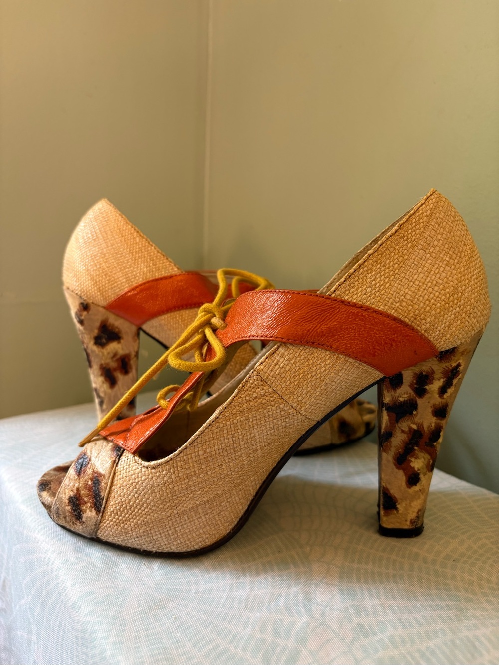 Naughty Monkey Orange and Leopard Lace-Up Peep-Toe Heels